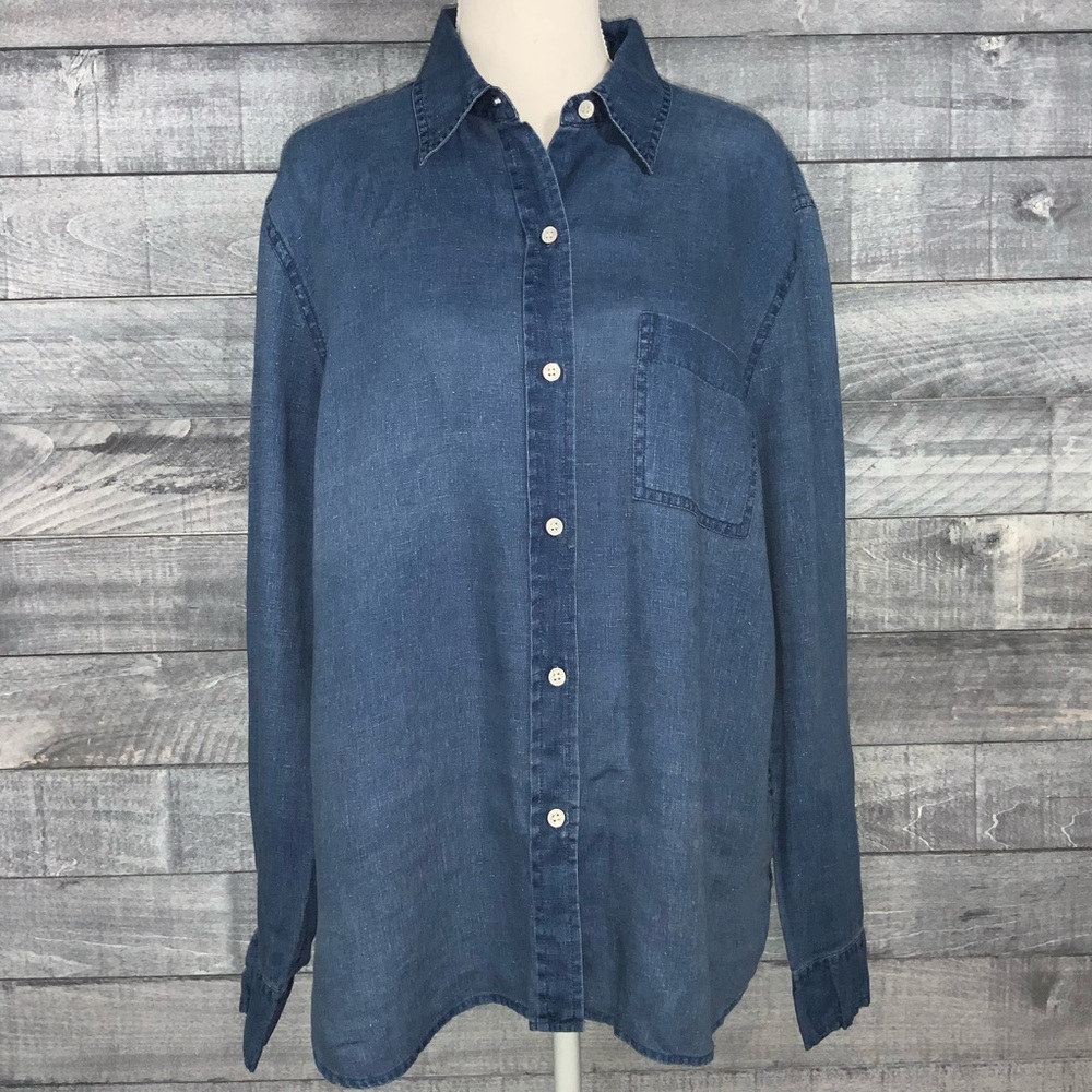 J Crew Denim Blue Chambray Button Up Shirt SZ L